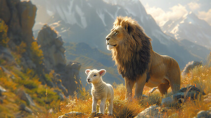 Jesus Christ: Lamb of Sacrifice, Lion of Triumph. The duality of Jesus. Lion and lamb in the meadow at sunset. Animal portrait.
