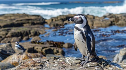 Fototapeta premium A detailed close-up of a penguin standing on a rocky shore with the ocean waves in the background, showcasing the beauty of marine wildlife and natural habitats.