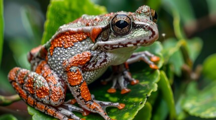 Fototapeta premium The image features a colorful frog with intricate patterns on its skin, sitting on a green leaf, showcasing the vividness and textures of its natural habitat.
