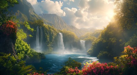 Creation. Genesis. Picturesque scene of tranquil garden with trees in bloom, waterfalls and a river, evoking the essence of Eden.