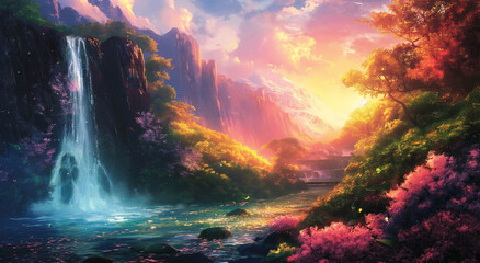 Creation. Genesis. Picturesque scene of tranquil garden with trees in bloom, waterfalls and a river, evoking the essence of Eden.