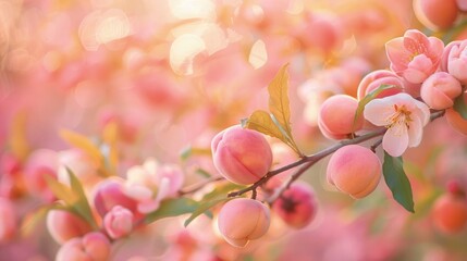 Summer background. Blurred peach garden and a peach tree with juicy pink peaches on branches in focus, illuminated in soft coral tones.