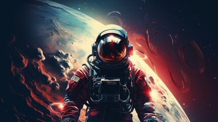 An intriguing image of an astronaut in a vibrant red spacesuit, floating in space with the magnificent Earth as the backdrop, symbolizing exploration, bravery, and human achievement.