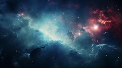 Fototapeta premium A vibrant depiction of glowing nebula formations in interstellar space with hues of blues, greens, and reds, evoking a sense of cosmic wonder, beauty, and infinity.