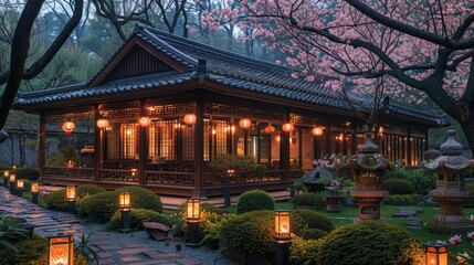 Traditional Japanese House with Cherry Blossoms and Lanterns - Generative AI