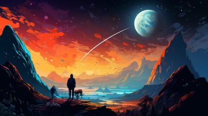 Fototapeta premium A lone human figure stands on an alien landscape, with towering mountains and mesmerizing moons glowing in a sky lit with cascading hues of orange and blue.