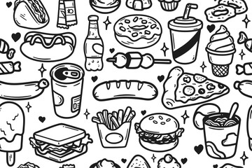 Fast food background, vector pattern of hamburgers, soda, donuts, pizza, etc. Monochrome simple and stylish pattern on the theme of fast food.