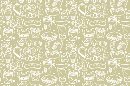 Fast food background, vector pattern of hamburgers, soda, donuts, pizza, etc.