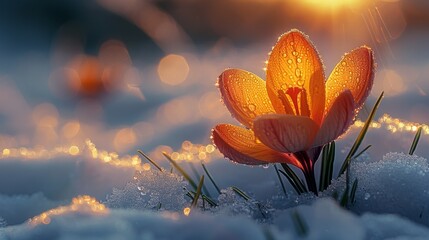 Orange Crocus Flower Blooming in Snow at Sunrise - Generative AI