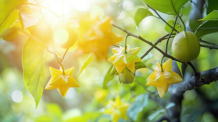 Summer background. Blurred star fruit orchard and a star fruit tree with ripe yellow star fruits on branches in focus, glowing in vivid lemon hues.