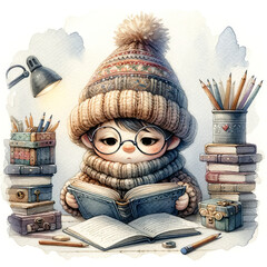 A cute illustration of a little character wearing big glasses, a knit hat, and a cozy sweater reading a book. Surrounded by pencils, create a charming and creative scene with a Back to school theme.