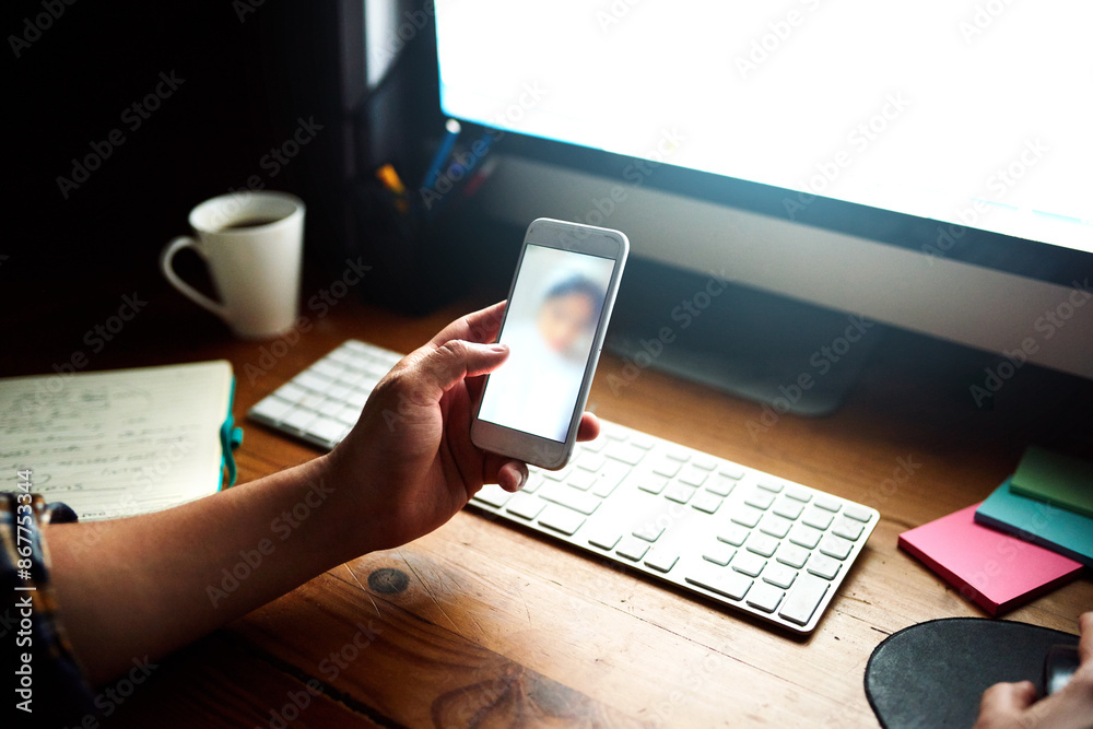 Aufkleber Night, phone screen and hands of person on social media, dating website and choice with scroll on profile. Table, user and smartphone on break for mobile app, connect and technology for browse