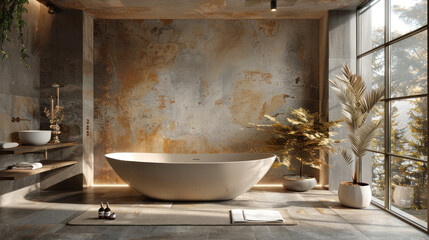 Modern bathroom interior with a luxurious bathtub, textured wall, and large window. Concept of home decor, spa, relaxation, and interior design.