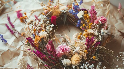 Beautiful handmade dried flower wreath with a variety of vibrant colors on a textured brown paper background.