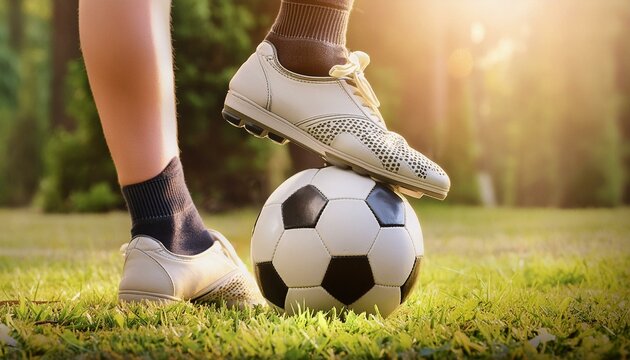 Pessoa pisando com uma chuteira em cima de uma bola de futebol em um lindo gramado iluminado pelo sol
