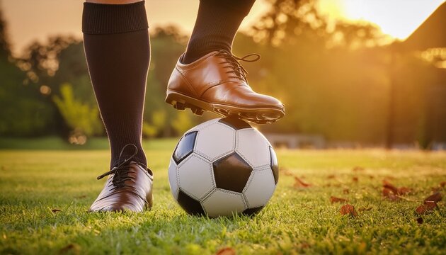 Pessoa pisando com uma chuteira em cima de uma bola de futebol em um lindo gramado iluminado pelo sol
