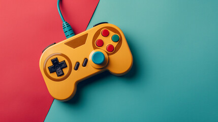 flat lay view of vintage 1980s computer game controllers on a bright color background
