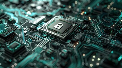 Fototapeta premium Cybersecurity Concept with Lock Icon on Circuit Board - High-tech illustration of a lock icon on a glowing circuit board, symbolizing cybersecurity and digital protection.