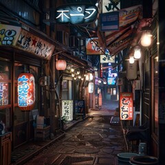 Fototapeta premium Urban Charm: Photorealistic Japanese Alley with Vibrant Neon Signs and Cultural Advertisements
