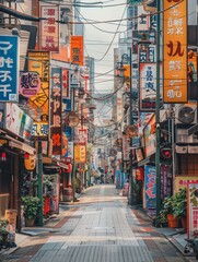 Naklejka premium Vibrant Japanese City Street with Colorful Billboards and Traditional Shop Signs