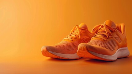 A pair of orange running shoes sit on a bright orange background, ready for a workout in the sunshine
