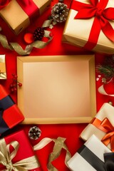 Festive Christmas frame surrounded by wrapped gifts, ribbons, and pinecones on a red background.