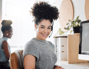 Call center, computer and portrait with telemarketing woman in office for assistance, contact us or crm. Communication, headset and smile with happy customer service agent in workplace for support