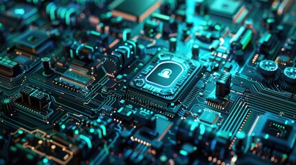 Cybersecurity Concept with Lock Icon on Circuit Board - High-tech illustration of a lock icon on a glowing circuit board, symbolizing cybersecurity and digital protection.