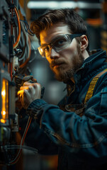 Obraz premium Electrician wearing safety glasses working on industrial fuse box installing new wiring