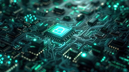 Fototapeta premium Cybersecurity Concept with Lock Icon on Circuit Board - High-tech illustration of a lock icon on a glowing circuit board, symbolizing cybersecurity and digital protection.