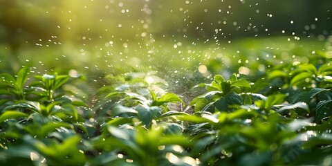 Automatic Sprinkler System in Action Watering Vibrant Green Plants with Fine Mist. Concept Gardening, Sprinkler System, Plant Care, Watering, Landscape Maintenance