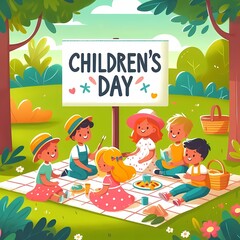 Fototapeta premium Happy Children's day flat vector illustration isolated on white background