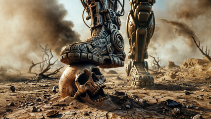 AI apocalypse, post-apocalyptic scene, detail of robot's foot crushing weathered human skull on arid scorched earth, concept of future machine uprising and humanity's downfall.