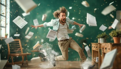 An exuberant man leaps indoors with papers scattered around, capturing a moment of dynamic action and pure joy, amidst a whirlwind of flying documents.