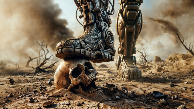 AI apocalypse, post-apocalyptic scene, detail of robot's foot crushing weathered human skull on arid scorched earth, concept of future machine uprising and humanity's downfall.