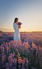 Picturesque summer scene with a young woman wearing a white dress on a lavender field. Beautiful bride in harmony with nature, smelling purple lavandula flowers bouquet, marriage happiness concept
