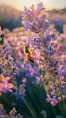 Closeup bee collects nectar from blooming lavender flowers. Honeybee picks pollen from purple blossoms in a lavandula field at sunset. Beautiful summertime pollination view