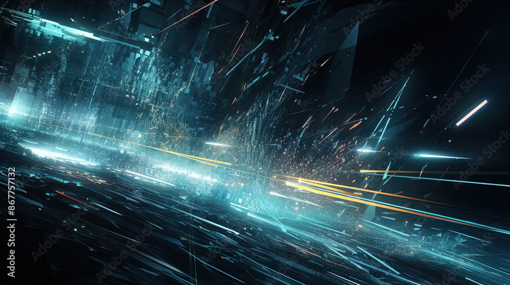 Aufkleber Abstract technology burst with glowing wires and particles in motion. Technology and science dynamic background.
