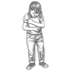 little girl holding stomach in pain full body with engraving style black color only