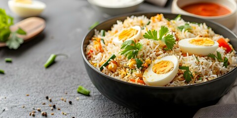 Indian Egg Biryani with yogurt dip a flavorful and satisfying dish. Concept Indian cuisine, Egg Biryani, Yogurt dip, Flavorful dish, Satisfying recipe