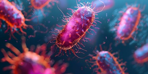 Obraz premium Microscopic view of bacteria releasing toxins causing cellular damage. Concept Bacterial Toxins, Cell Damage, Microscopic View, Pathogenic Bacteria, Cellular Response