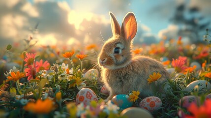 Adorable Rabbit in Flower Field with Decorated Eggs - Generative AI