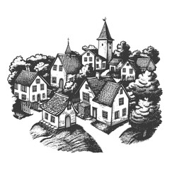 Obraz premium Etched Village: Hilltop Homes, Tower & Spire, Black & White Illustration