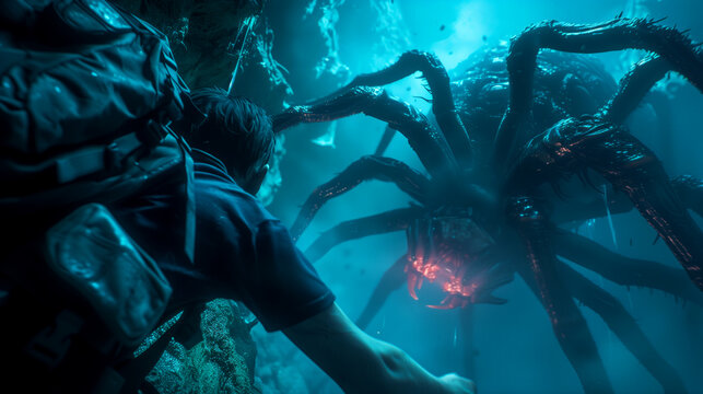 a man fighting with a giant spider monster underwater in the deep sea