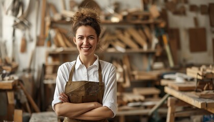 A cheerful woman in a woodworking workshop wears an apron, standing confidently with arms crossed, surrounded by various woodworking tools and wooden creations.
