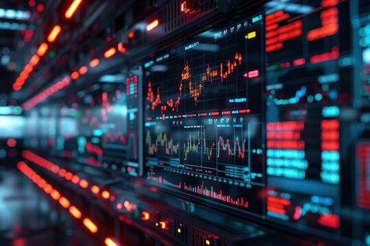 Data Center Server Room with Monitors Displaying Charts and Graphs