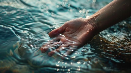 Hand in the water with ripples. Selective focus. nature.