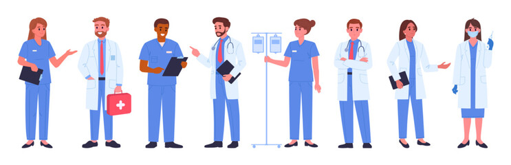 Hospital professional staff. Medical clinic workers, doctors and nurses, therapist, surgeon and anesthesiologist flat vector illustration set. Medicine and healthcare characters