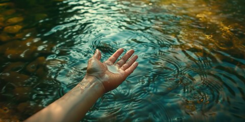 Close up of hand reaching for water in the lake.