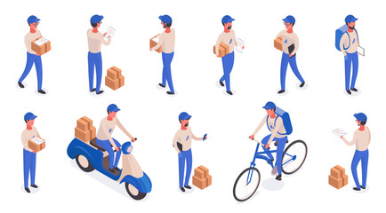 Isometric delivery couriers. Men carrying packages, delivery service workers, cargo shipping workers on foot, bicycle and bike 3d vector illustrations set. Professional couriers characters